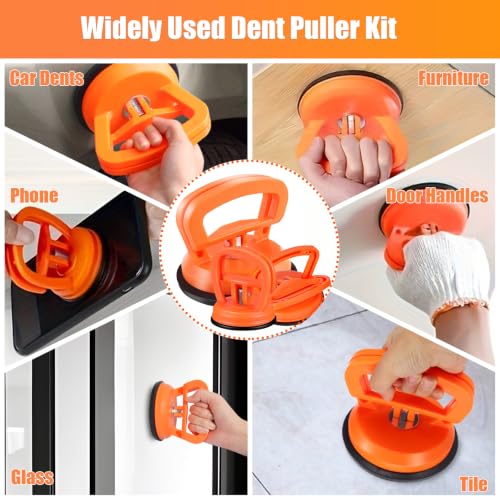 Dent Puller Kit 7-Pack -Car Dent Remover Tool with 1 Large & 2 Small Suction Cups, Suction Cup Dent Puller and Paintless Car Dent Repair Kit. Suitable for Glass Lifting, Car Body Dents (Orange).