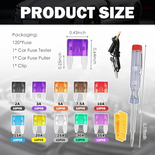 120PCS Car Fuses Assortment Kit with Tester & Puller,Multi-Amp Blade Automotive Fuses Kit Includes 35A/30A/25A/20A/15A/10A/7.5A/5A/3A/2A,Portable Car Fuse Kits with Storage Box
