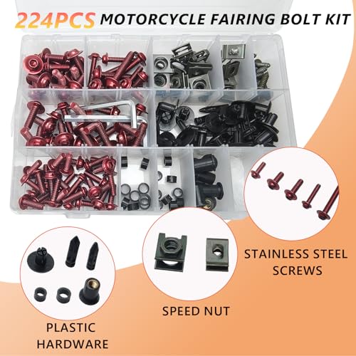 224Pcs Motorcycle Fairing Bolt Kit Stainless Steel (Red) - color: Red