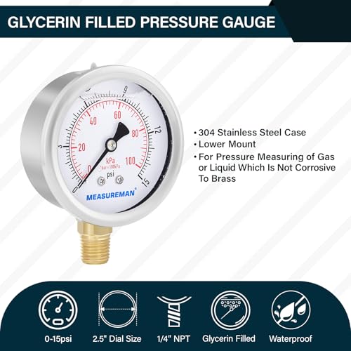 MEASUREMAN 2-1/2inch Dial Size, Glycerin Filled Pressure Gauge, 0-15psi/100kpa, 304 Stainless Steel Case, 1/4inch NPT Lower Mount - size: 0-15 psi, style: Lower Mount
