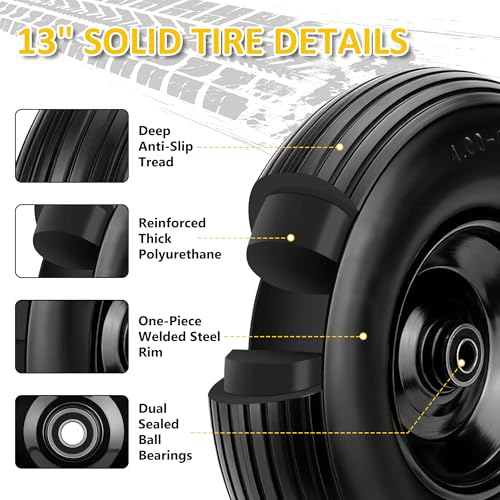 13 Inch No Flat Wheelbarrow Tire, 4.00-6 Flat Free Solid Replacement Wheel with 5/8" & 3/4" Bearings, 1.75"-6" Adjustable Hub for Wheelbarrow, Gorilla Cart, Garden Cart | 2-Pack