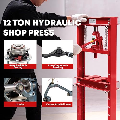 12 Ton H-Frame Hydraulic Shop Press, Adjustable Table & Press Plates Red - color: 12T-Red