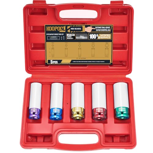 KOOPOOL 1/2" 5-Pc Lug Nut Socket Set 15-22mm Thin Wall w/Sleeve - color: Red