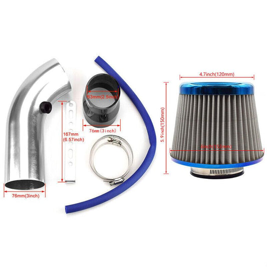 3 inch Car Cold Air Intake Filter Induction Pipe Kit Aluminum Power Flow Hose Baked Blue