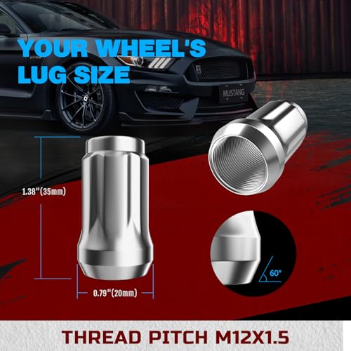 JiiinMiiin M12x1.5 20pcs Chrome 6 Spline Lug Nuts Sets with 1 Socket Key - color: Chrome, size: M12x1.5, style: 20pcs - 1.38"tall