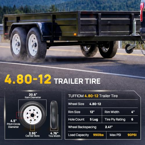 TUFFIOM 2 Pack 4.80-12 Trailer Tire and Wheel Assembly, 5 Lug on 4.5 Load Range C Inch PCD with 12" White Rims, 4.80x12 Trailer Tire with Rim - color: White, size: 4.80-12