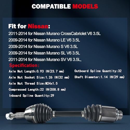 CCIYU CV Axle for Nissan Murano 2009-2014 - Front Right -only AWD- NCV53994 - size: 17-9612