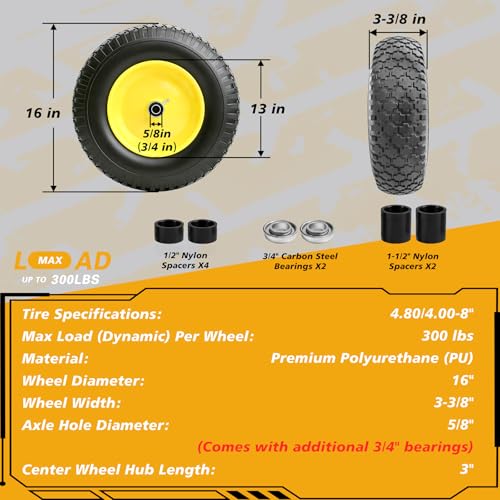 16 Inch 4.80/4.00-8 Flat Free Wheelbarrow Tire and Wheel, 16" Solid Puncture Proof Replacement with 5/8" & 3/4" Bearings, 3"-7” Hub for Garden Cart Wagon Trolley Farm Construction (2 Pack) - color: 2 PACK, size: 16"-4.80/4.00-8"