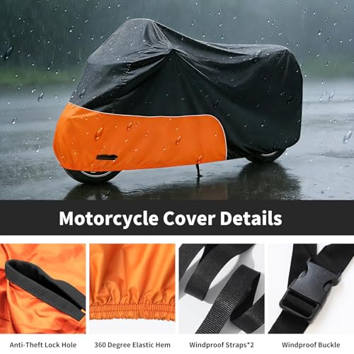 Motorcycle Cover 300D Heavy Duty Waterproof 86 Inch, Orange - color: Orange, size: 86"