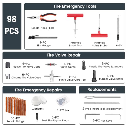 ORCISH Heavy Duty 98pcs Tire Repair Kit, Tubeless Tire Plug Kit for Flats - size: 98 Piece Set