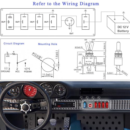 dc12v flip-up Ignition Switch Panel,5 in 1 car Engine Start Push Button led Toggle for Racing Sport Competitive car (4 red 1 Blue) - color: 4 Red 1 Blue