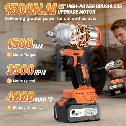 Cordless Impact Wrench 1/2", 1500N.m (1106 ft‑lbs) with 2 x 4.0Ah Batteries - color: Orange