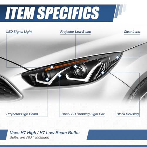 Auto Dynasty LED DRL Headlights Assembly Compatible with 2015-2018 Ford Focus, Driver Passenger Side Dual DRL Halogen Headlamps Replacement w/Projector Low Beam, Black Housing Amber Corner - color: Black / Amber