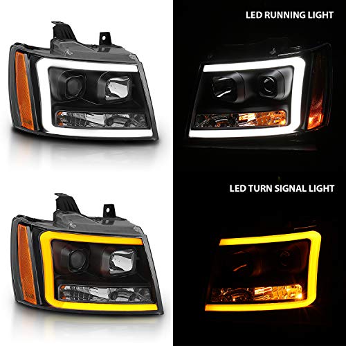 AmeriLite for 2007-2013 Chevy Avalanche/Suburban/Tahoe Switchback LED Tube Turn Siganl Projector Black Replacement Headlights Pair - Passenger and Driver Side - color: Black Projector Switchback LED Bar