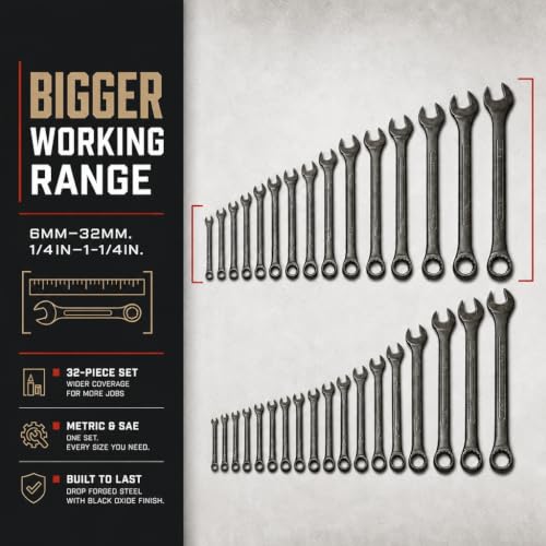ABN Combination Wrenches Set Metric and Standard - 32 Piece SAE and Metric Wrench Set with Roll Up Pouch - size: SAE & Metric