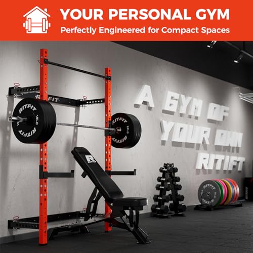 RitFit 2.36'' x 2.36'' Folding Squat Rack for Home Gym, Wall Mounted Squat Rack with Attachments - Space Saving Squat Power Rack - color: Orange, style: Folding Squat Rack