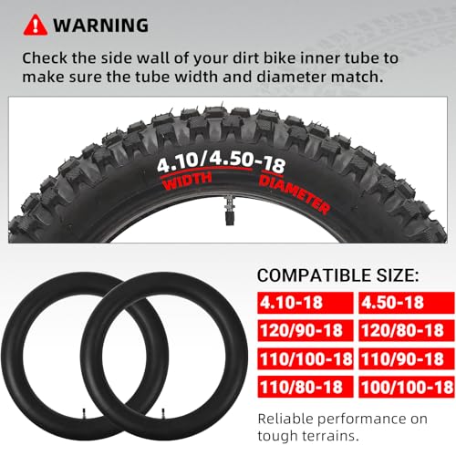 AR-PRO (2-Pack) 4.10/4.50-18" Heavy duty Dirt Bike Inner Tube with TR4 Straight Valve for 110/100-18,110/90-18,110/80-18,120/90-18,120/80-18,100/100-18 Motorycle Rear Tire - size: 4.10/4.50-18", TR4 Valve