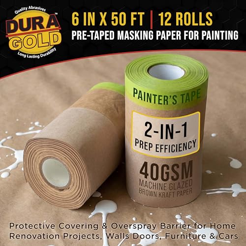 Dura-Gold Pre-Taped Masking Paper for Painting (6" x 50', 12 Rolls) - Tape - size: 6-inch-x-50-feet (Pack of 12)