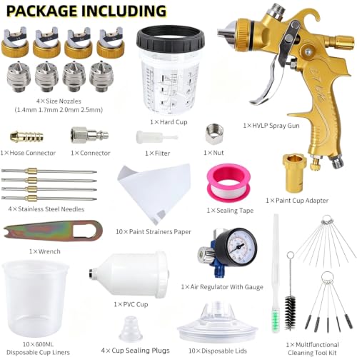 HVLP Spray Gun with 10Pcs 600ML Disposable Paint Cups, 4 Nozzles,1.4/1.7/2.0/2.5mm, Air Compressor Regulator, Disposable Cups Automotive Gravity Spray Paint Gun for Auto Paint(Gold)