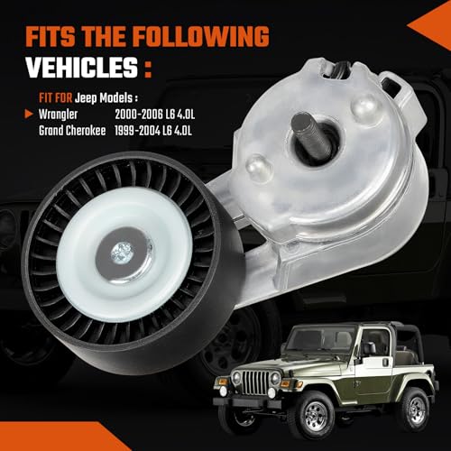 Belt Tensioner Assembly with Pulley Fit for Jeep Wrangler 4.0L 2000-2006, Grand Cherokee 4.0L 1999-2004, Replace# 04854089A, 04854089AB - size: 04854089A
