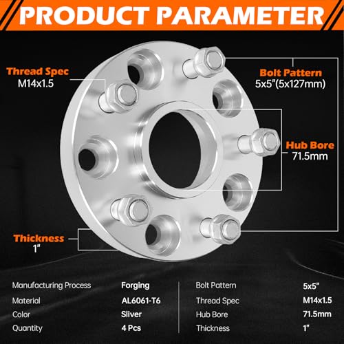 5x127mm Forged Wheel Spacers 71.5mm Bore Compatible for Dodge Durango Jeep Gladiator Grand Cherokee L WK Wrangler Chevrolet Tahoe C1500 GMC Yukon M14x1.5 Thread Studs 1"Hubcentric Adapters 4PCS,Black - color: 5x127-71.5mm-4PCS