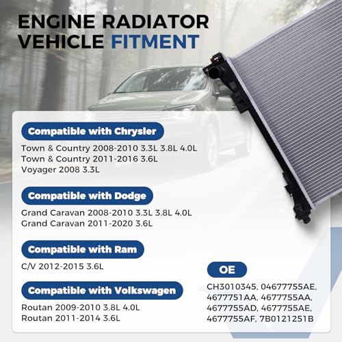 Radiator Aluminum Engine Coolant Radiator for Dodge Grand Caravan 2008-2020, Chrysler Town & Country 2008-2016, VW Routan 2009-2014, Ram C/V 2012-2015, Replace OE# CH3010345, 4677751AA