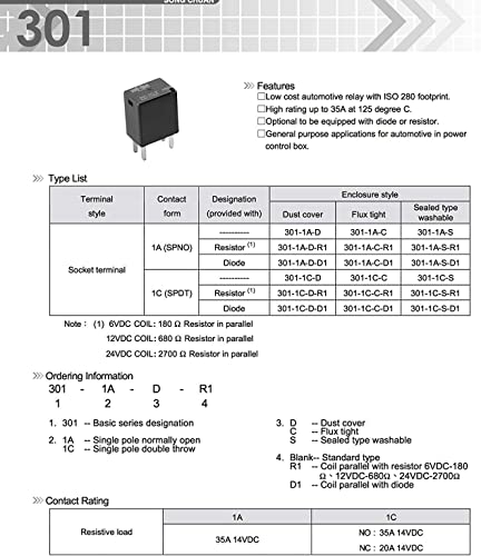 Automotive Purpose Relays 301-1A-C-R1-U03-12VDC 4 PIN 4 Pack - size: 4Pack-301-1A-C-R1-U03-12VDC