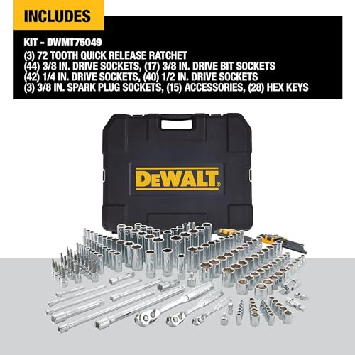 DEWALT 192 Pcs. Mechanics Tool Set, 1/2, 1/4, 3/8 Socket Set, SAE and Metric Socket Wrench Set, Hard Shell Tool Box (DWMT75049)