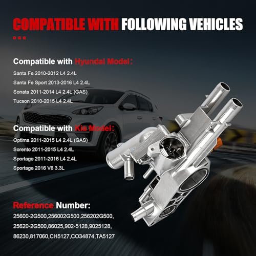 Thermostat Housing Assembly Compatible with Hyundai Sonata 2011-2014, Santa Fe 2010-2012, Tucson 2010-2015, Santa Fe Sport & Kia Optima 2011-2015, Sorento, Sportage, Aluminum Replaces# 256002G500 - size: 256002G500