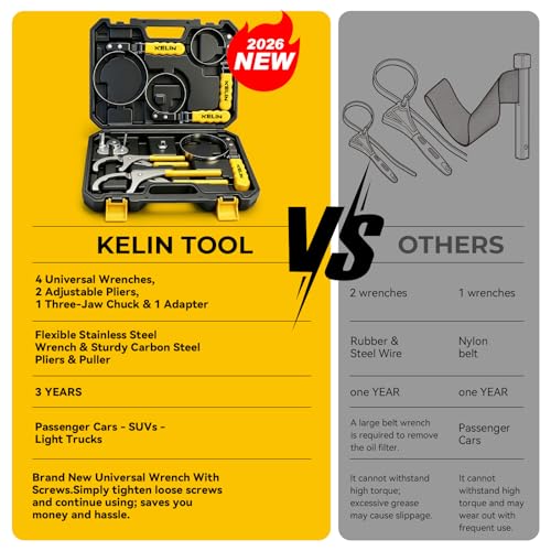 KELIN Oil Filter Wrench Set 8PCS, 9"&12" Oil Filter Pliers | 4 Swivel Band Wrenches (2-3/4" to 5-1/4") | 3-Jaw Universal Adapter for 3/8" 1/2" Ratchet, Oil Filter Removal Tool for Car Truck SUV ATV
