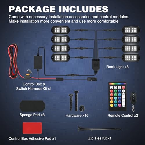 Nilight RGB LED Rock Lights Kit 8 PCS 18LED Wide Angle Wheel Well Light - color: RGB 18LED, size: 8 Pods