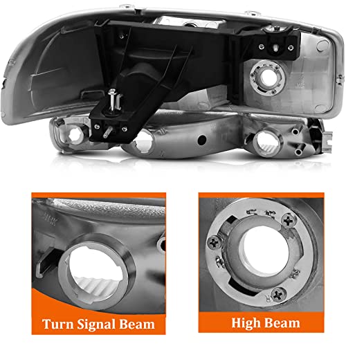 Front Headlight Lamp with Bumper Lights Set (Left + Right) Compatible with 99-07 GMC Sierra 1500 2500 3500/00-06 Yukon, Chrome Housing Amber Reflector Headlights - color: Chrome Amber