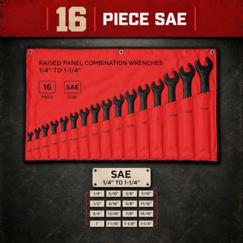 ABN Standard Wrenches Set - 16 Piece SAE Combination Wrench Set 1/4in to 1-1/4in SAE Wrench Set with Roll Up Pouch - size: SAE