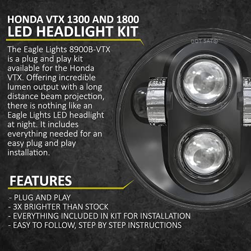 Eagle Lights 5.75 inch LED Headlight Kit for Honda VTX with Bracket and Hardware - Plug and Play fits 2002-2008 VTX 1800, VTX 1300 - color: Black Generation II