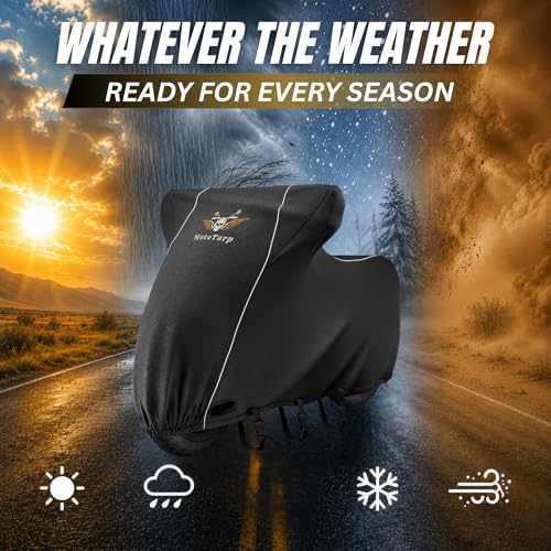 600D Heavy Duty Motorcycle Cover Waterproof Outdoor for Sport & Naked Motorcycles, All-Season Weatherproof Protection with Air Vents, Wheel Lock Slots, Exhaust Heat Shield & Reflective Strips - size: Large (90X35X52)