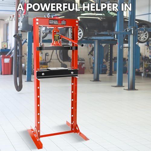 Heavy Duty 12 Ton Hydraulic H-Frame Shop Press – Adjustable Benchtop Floor Press with Stamping Plates – for Metalworking, Bearing Removal, Straightening, Car Repair – Red - color: Red