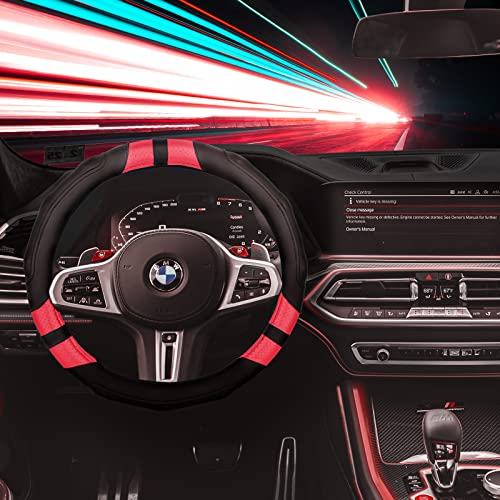 Achiou Steering Wheel Cover 15in Microfiber Leather Anti-Slip Universal - color: Black + Red