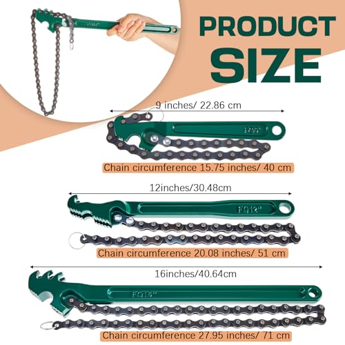 Lasnten 3 Pcs Large Reversible Chain Oil Filter Wrench with 12 16 9 Inch Chain Wrench Adjustable Heavy Duty Carbon Steel Sturdy Pipe Fitting Tool Spanner for Ratcheting Universal(Green) - color: Green