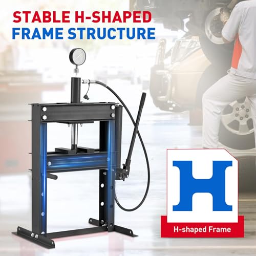 10 Ton Hydraulic Shop Press, Heavy-Duty H-Frame Garage Floor Press with Stamping Plates, Adjustable Height Bearing Press for Metal Straightening, Bending, Parts Pressing & Automotive Repair