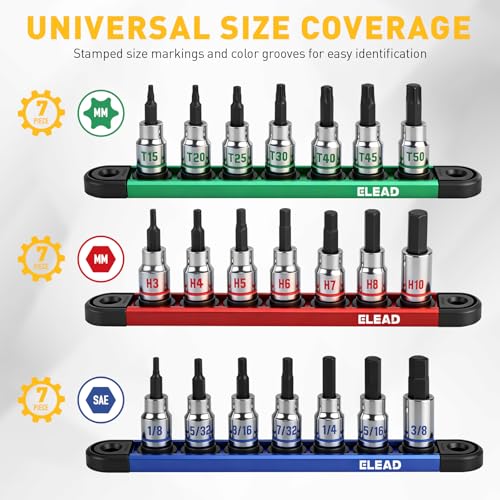 21-Piece Allen Bit Socket Set, 3/8" Drive Hex & Torx Socket Set with Magnetic Sockets Organizer Rail, S2 Steel Bit & Chrome Vanadium Steel Sockets for Professional Garages Workshop - color: 21-piece Colorful