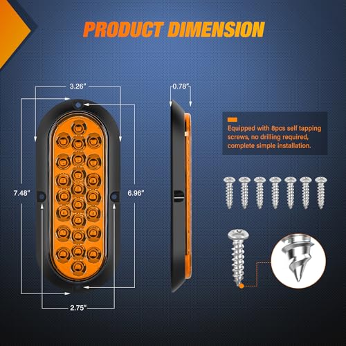 Nilight 6" Oval Trailer Tail Light 2PCS Amber 24LED Turn Signal Lights - color: Amber 6" 24LED Lights Screws 2Pcs