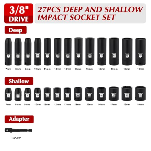 EMENTOL 3/8" Drive Impact Socket Set, 27PCS, Metric(7mm to 19mm), Deep and Shallow, 12 Point, Includes Drill Bit Adapter - size: 3/8" Drive (7-19mm), 12 Point