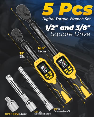 YIYEIE 1/2" 3/8" Digital Torque Wrench Set for Car, 162 Ft-lb & 62.5 Ft-lb - size: 1/2" & 3/8" 5 PC