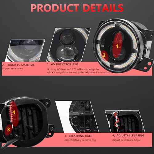 TopAutoGear 10.2cm(4인치) 원형 LED 안개등, 60W 앰버 포드 라이트 바, 설치가 쉬운 LED 오프로드 조명, 2007-2018 지프 랭글러 언리미티드 JK용, 페어 - size: 4 inchse Roound