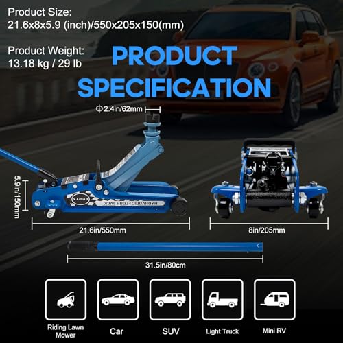 2.5 Ton Floor Jack Low Profile, Heavy-Duty Steel Racing with Single Piston Lift Pump, Lifting Range 3.35"-14.96" (Blue)