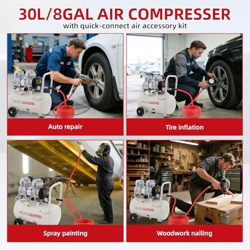 Ultra Quiet Air Compressor, Only 68dB, 8 Gallon Tank, Oil-Free, 110V/60Hz 1.75HP, 7.42CFM@115PSI, Air Compressor Perfect for Spray Painting, Auto Repair, Tire inflation, Woodwork nailing - size: 8 Gallon
