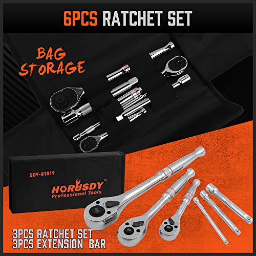 HORUSDY 3-Piece Ratchet Set, 1/4” 3/8”, 1/2" Drive Ratchet Handle Set, 90-Tooth,CR-V, Quick Release Ratchets - color: 1/4" 3/8" 1/2" Drive Ratchet Set Silver