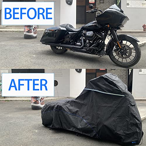 FENRIR 104" Motorcycle Cover Waterproof Outdoor Storage Compatible with Harley Davidson Street Glide Road Glide Electra Glide Road King Indian Challenger Chieftain Springfield R18B Honda Golde Wing - size: 265X110X130CM