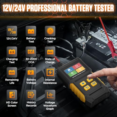 Car Battery Tester 12V 24V Automotive Battery Load Tester 30-2000 CCA, Auto Alternator Tester Charging Cranking System Testing for Car Truck Motorcycle ATV SUV Boat
