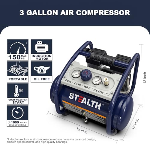STEALTH Air Compressor 3 Gallon, Quiet Air Compressor, Oil-Free,for Tire Inflator, Auto Repair, Woodwork Nailing (SAQ-1301) - style: SAQ-1301